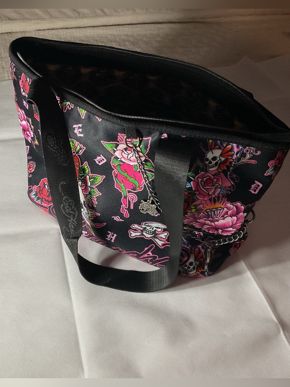 Ed Hardy Black Tote with Pink Floral & Skull Graphics